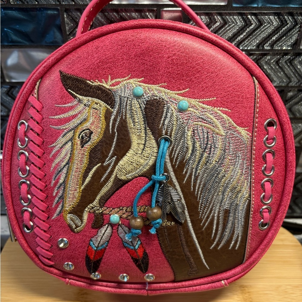 Women's Pink Horse Embroidered Round Handbag